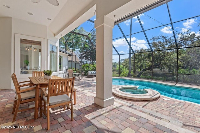 13648 Marsh Harbor Dr N, Jacksonville, FL 32225 - view of pool with a patio area, ceiling fan, glass enclosure, and a pool with connected hot tub