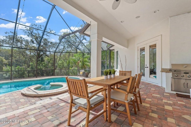 13648 Marsh Harbor Dr N, Jacksonville, FL 32225 - view of patio featuring a pool with connected hot tub, grilling area, french doors, and glass enclosure