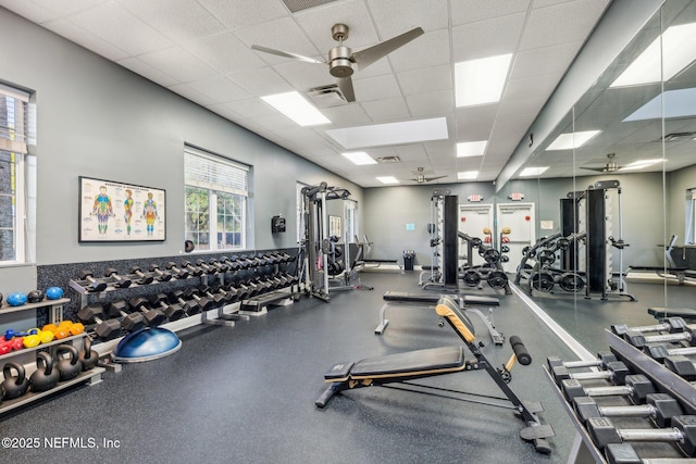 13648 Marsh Harbor Dr N, Jacksonville, FL 32225 - gym featuring a paneled ceiling, visible vents, and ceiling fan