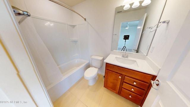 full bath with toilet, ceiling fan, vanity, shower / bath combination, and tile patterned floors