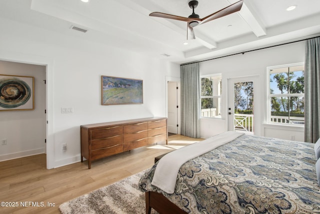 157 Oak Pk Dr, Saint Johns, FL 32259 - bedroom featuring access to exterior, beam ceiling, light wood-type flooring, baseboards, and recessed lighting