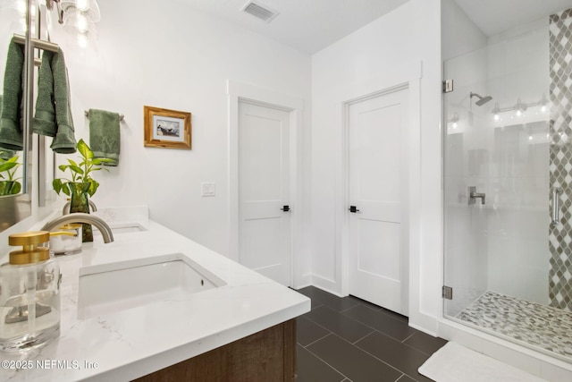 157 Oak Pk Dr, Saint Johns, FL 32259 - full bathroom with a stall shower, double vanity, and tile patterned floors