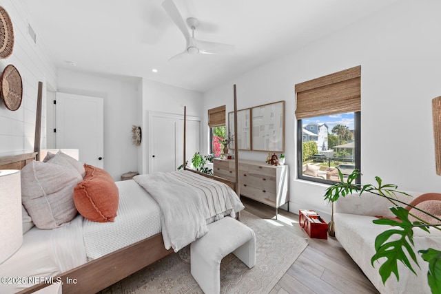 3516 1st St S, Jacksonville Beach, FL 32250 - bedroom featuring a closet, recessed lighting, ceiling fan, visible vents, and light wood-style floors