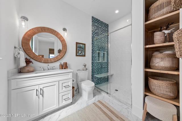 3516 1st St S, Jacksonville Beach, FL 32250 - bathroom with toilet, marble finish floor, vanity, recessed lighting, and a stall shower