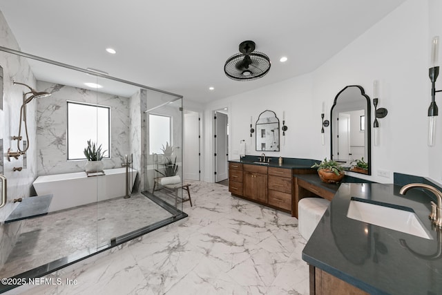 3516 1st St S, Jacksonville Beach, FL 32250 - bathroom with a freestanding bath, a marble finish shower, marble finish floor, and vanity