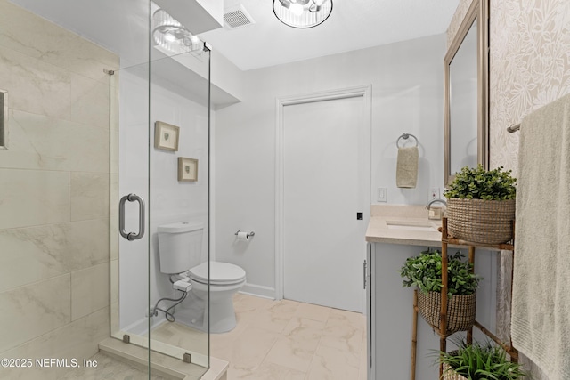 97282 Yorkshire Dr, Yulee, FL 32097 - full bathroom with a shower stall, marble look tile flooring, toilet, and vanity