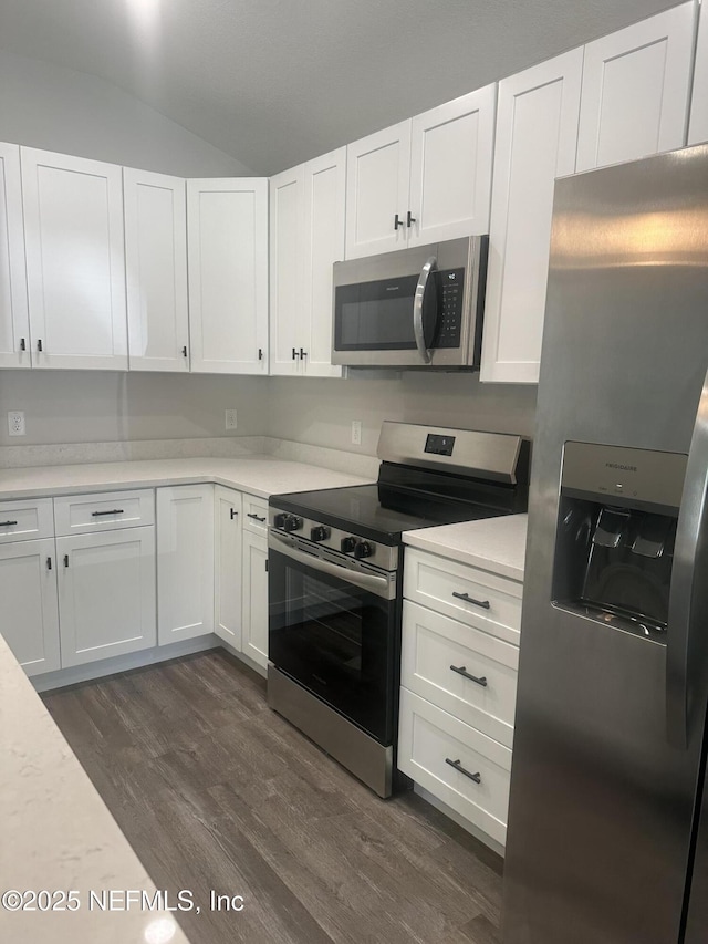116 Moseley Ave, Palatka, FL 32177 - kitchen with stainless steel appliances, dark wood-style floors, light countertops, white cabinetry, and lofted ceiling