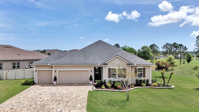 ranch-style house with a garage, decorative driveway, fence, a front lawn, and a shingled roof