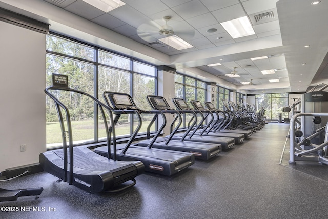 247 Vale Dr, Saint Augustine, FL 32095 - workout area featuring a ceiling fan, a drop ceiling, and visible vents