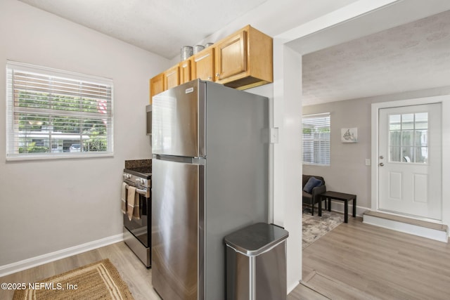kitchen featuring light wood-type flooring, baseboards, and stainless steel appliances