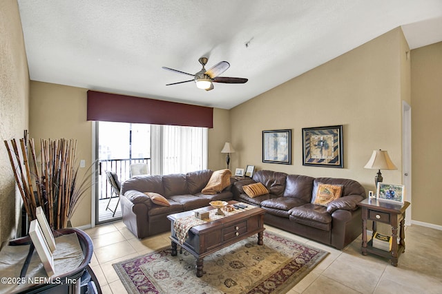 400 Timberwalk Ct Unit 1333, Ponte Vedra Beach, FL 32082 - living room with a textured ceiling, light tile patterned flooring, a ceiling fan, and lofted ceiling