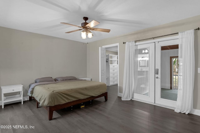 bedroom with baseboards, access to outside, ceiling fan, and dark wood-style floors