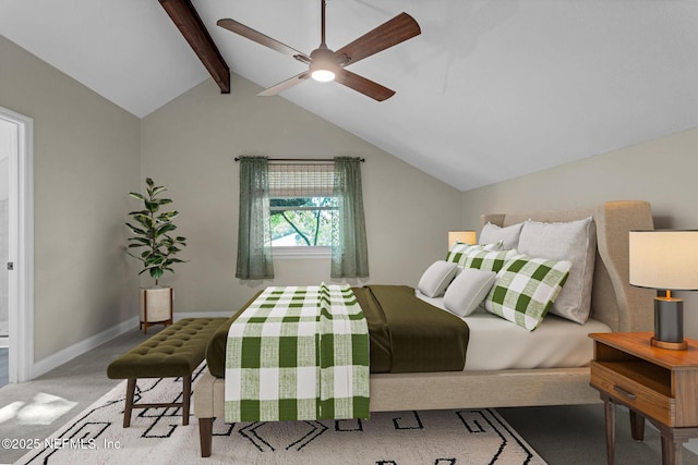 bedroom featuring lofted ceiling with beams, carpet floors, and baseboards