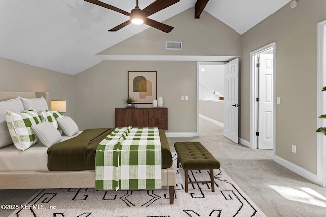 carpeted bedroom featuring baseboards, vaulted ceiling with beams, and visible vents