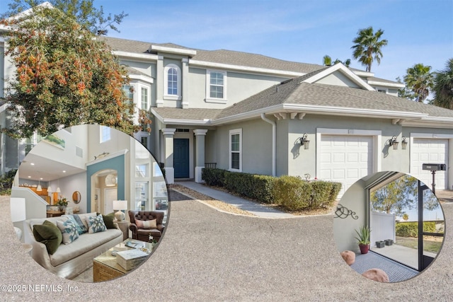 townhome / multi-family property featuring an attached garage, an outdoor living space, a shingled roof, and stucco siding