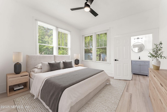bedroom featuring light wood-style floors and a ceiling fan