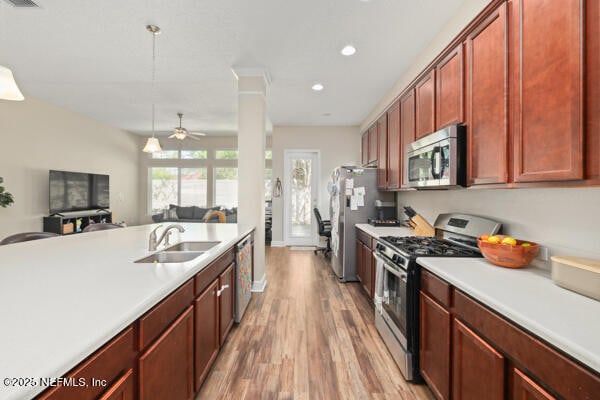 kitchen with a sink, open floor plan, ceiling fan, light countertops, and stainless steel appliances