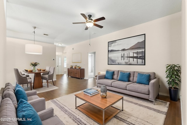 1217 Maclaren St, Saint Augustine, FL 32092 - living room with visible vents, ceiling fan, and wood finished floors