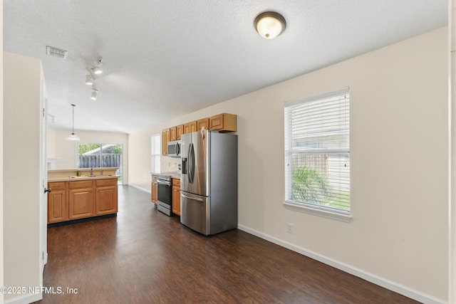 1217 Maclaren St, Saint Augustine, FL 32092 - kitchen with a textured ceiling, visible vents, dark wood-style flooring, a sink, and stainless steel appliances