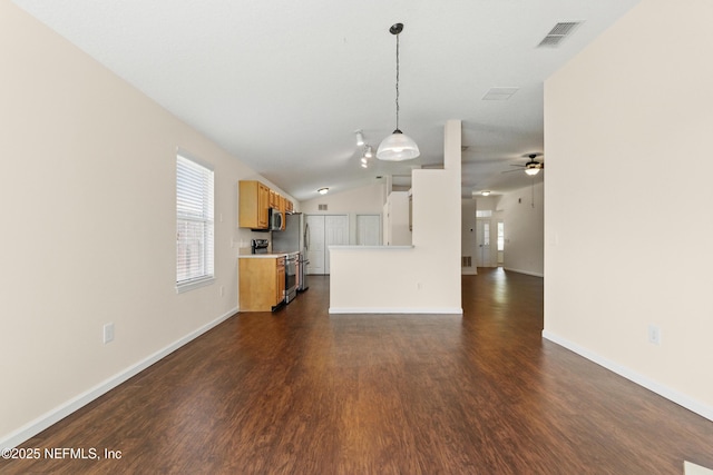 1217 Maclaren St, Saint Augustine, FL 32092 - unfurnished living room featuring dark wood-type flooring, a ceiling fan, vaulted ceiling, visible vents, and baseboards