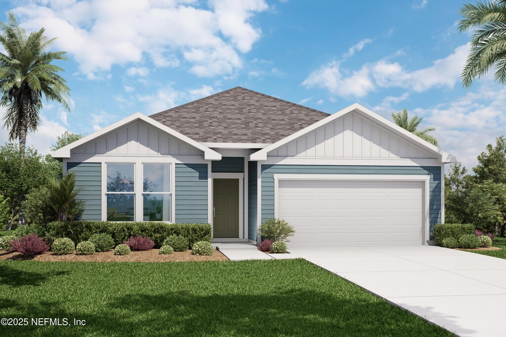 ranch-style house with concrete driveway, board and batten siding, a front lawn, an attached garage, and a shingled roof