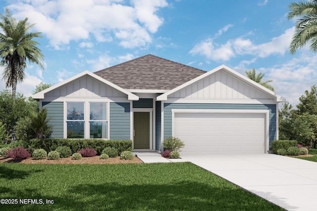 ranch-style house with concrete driveway, board and batten siding, a front lawn, an attached garage, and a shingled roof