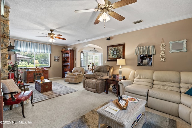 50 SE Forest St, Keystone Heights, FL 32656 - living room with plenty of natural light, carpet floors, visible vents, ceiling fan, and arched walkways