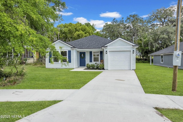 single story home with roof with shingles, a front yard, fence, an attached garage, and concrete driveway