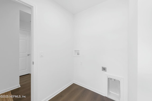 laundry area with dark wood-type flooring, laundry area, hookup for an electric dryer, and washer hookup