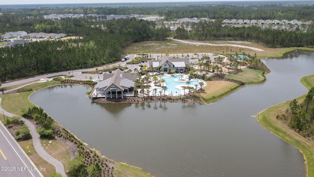 aerial view featuring a water view