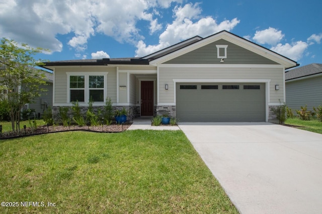 75309 White Rabbit Ave, Yulee, FL 32097 - craftsman-style home with an attached garage, driveway, a front yard, and stone siding