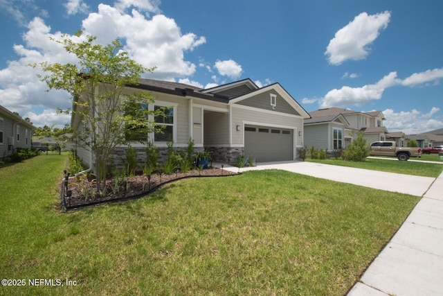 75309 White Rabbit Ave, Yulee, FL 32097 - craftsman house featuring concrete driveway, an attached garage, a front lawn, and stone siding