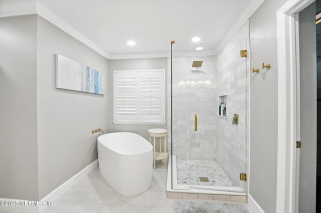 13738 Harbor Creek Pl, Jacksonville, FL 32224 - bathroom with baseboards, a freestanding tub, recessed lighting, marble finish floor, and a stall shower
