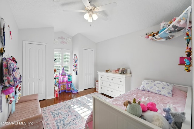 13738 Harbor Creek Pl, Jacksonville, FL 32224 - bedroom featuring two closets, ceiling fan, a textured ceiling, wood finished floors, and lofted ceiling