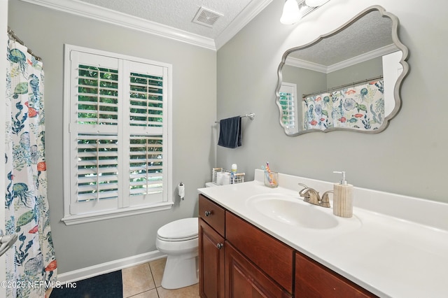 13738 Harbor Creek Pl, Jacksonville, FL 32224 - full bathroom with vanity, ornamental molding, tile patterned flooring, a textured ceiling, and visible vents