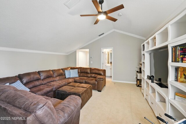 13738 Harbor Creek Pl, Jacksonville, FL 32224 - living room featuring light carpet, visible vents, a ceiling fan, and lofted ceiling