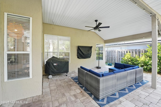 13738 Harbor Creek Pl, Jacksonville, FL 32224 - view of patio / terrace with fence, a grill, ceiling fan, and an outdoor hangout area