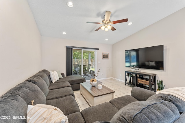 116 Timberwood Dr, Saint Augustine, FL 32084 - living room with ceiling fan, light tile patterned flooring, recessed lighting, vaulted ceiling, and baseboards