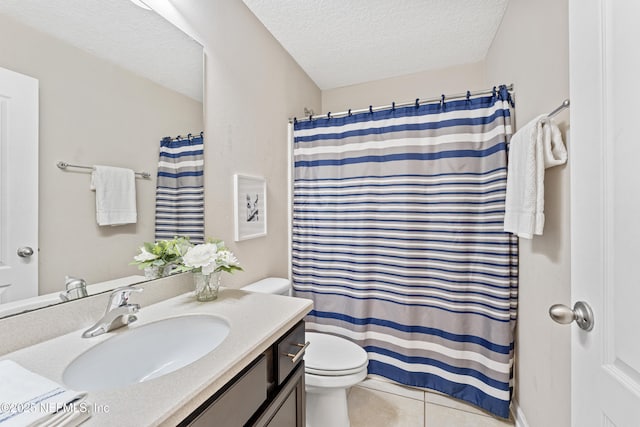 116 Timberwood Dr, Saint Augustine, FL 32084 - bathroom featuring toilet, vanity, tile patterned flooring, a textured ceiling, and curtained shower