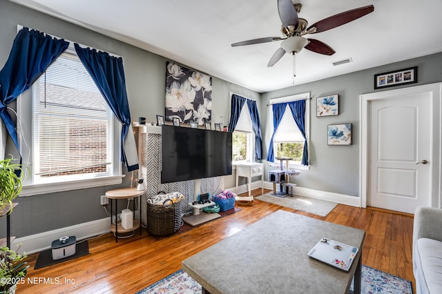 2649 Dellwood Ave, Jacksonville, FL 32204 - living area with baseboards, ceiling fan, wood-type flooring, and visible vents