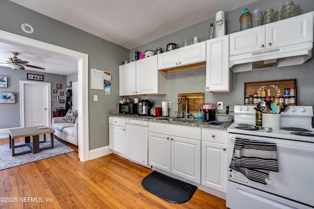 2649 Dellwood Ave, Jacksonville, FL 32204 - kitchen featuring light wood-style floors, ceiling fan, white appliances, white cabinets, and under cabinet range hood