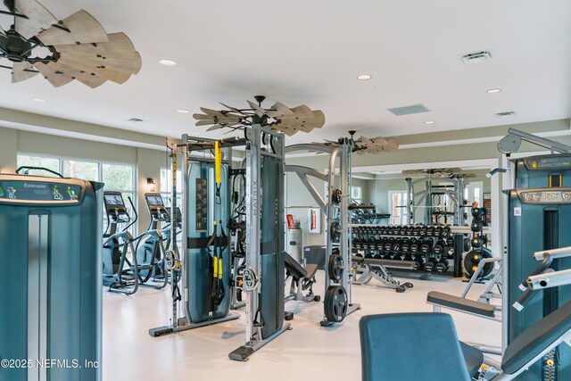 2781 Seasons Rd, Green Cove Springs, FL 32043 - workout area featuring ceiling fan, visible vents, and recessed lighting
