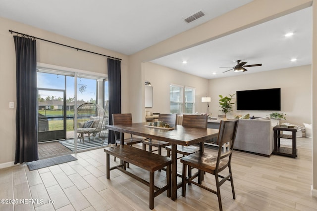 75743 Spoonbill Ln, Yulee, FL 32097 - dining room featuring recessed lighting, visible vents, light wood-type flooring, and a ceiling fan