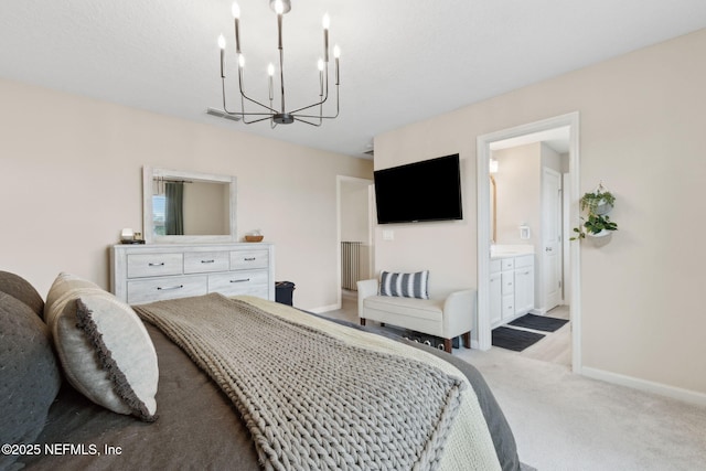 75743 Spoonbill Ln, Yulee, FL 32097 - bedroom featuring visible vents, baseboards, a notable chandelier, carpet floors, and connected bathroom