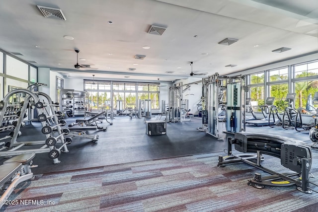 75743 Spoonbill Ln, Yulee, FL 32097 - workout area with a ceiling fan, visible vents, and recessed lighting