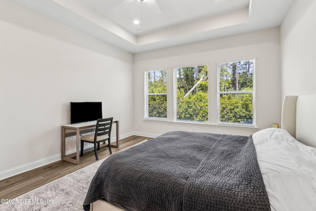 bedroom featuring a tray ceiling, wood finished floors, and baseboards