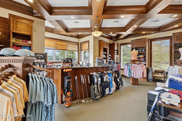 interior space featuring a healthy amount of sunlight, carpet flooring, beam ceiling, and visible vents
