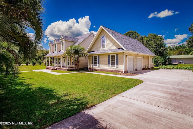 view of front facade featuring covered porch, roof with shingles, a front yard, a garage, and concrete driveway
