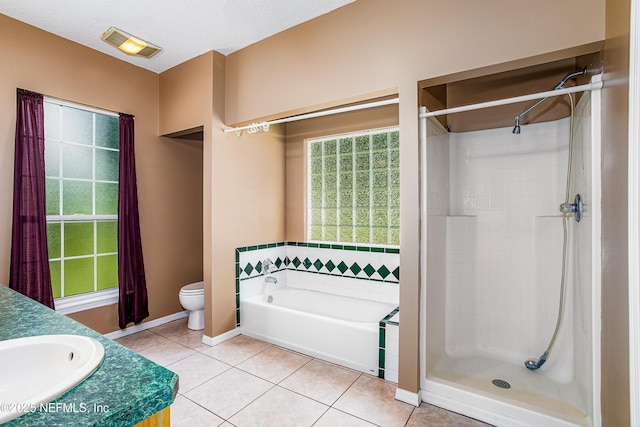 full bath featuring visible vents, a bath, toilet, tile patterned flooring, and a stall shower
