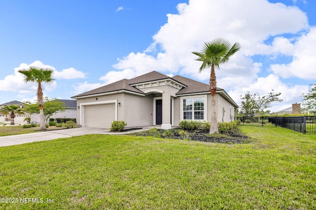 view of front facade featuring driveway, a front yard, fence, an attached garage, and stucco siding